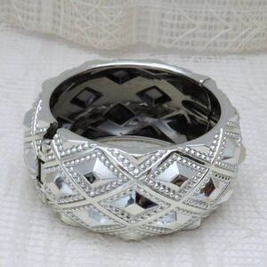 Chunky Silver Toned Bangle Bracelet Women, Hinged Shiny Casual or Business